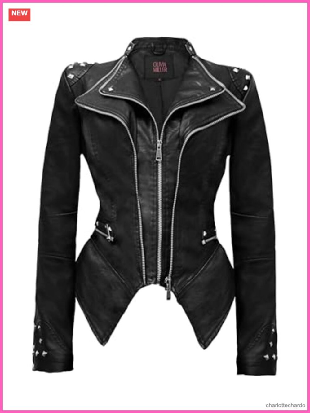 Faux Leather Moto Biker Jacket Rivet Lapel Swallow Tail Hem Zip